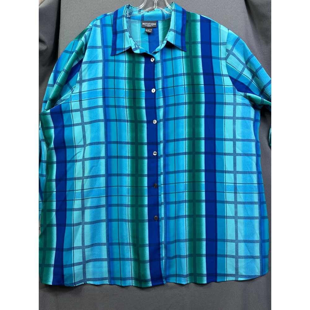 Notations Women Blue Teal Green Plaid Stripe Button Front Blouse Top Plus Size3X
